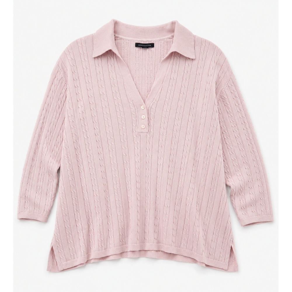 Tommy Hilfiger 2X Pink Cable Knit Henley Polo Sweater 100% Cotton 3/4 Sleeve